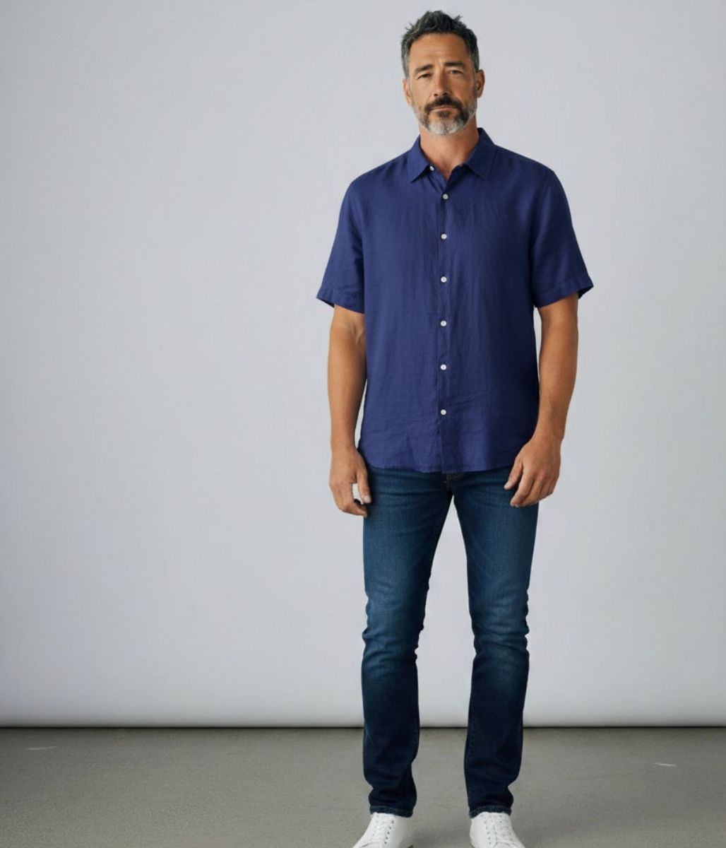 Mens Navy Short Sleeve Linen Shirt