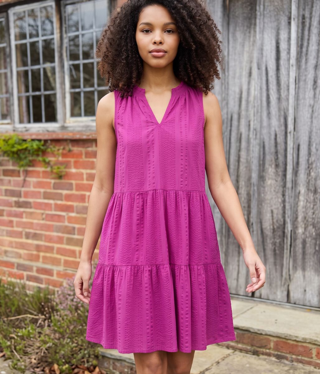 Fuschia Seersucker Cotton Tiered Dress