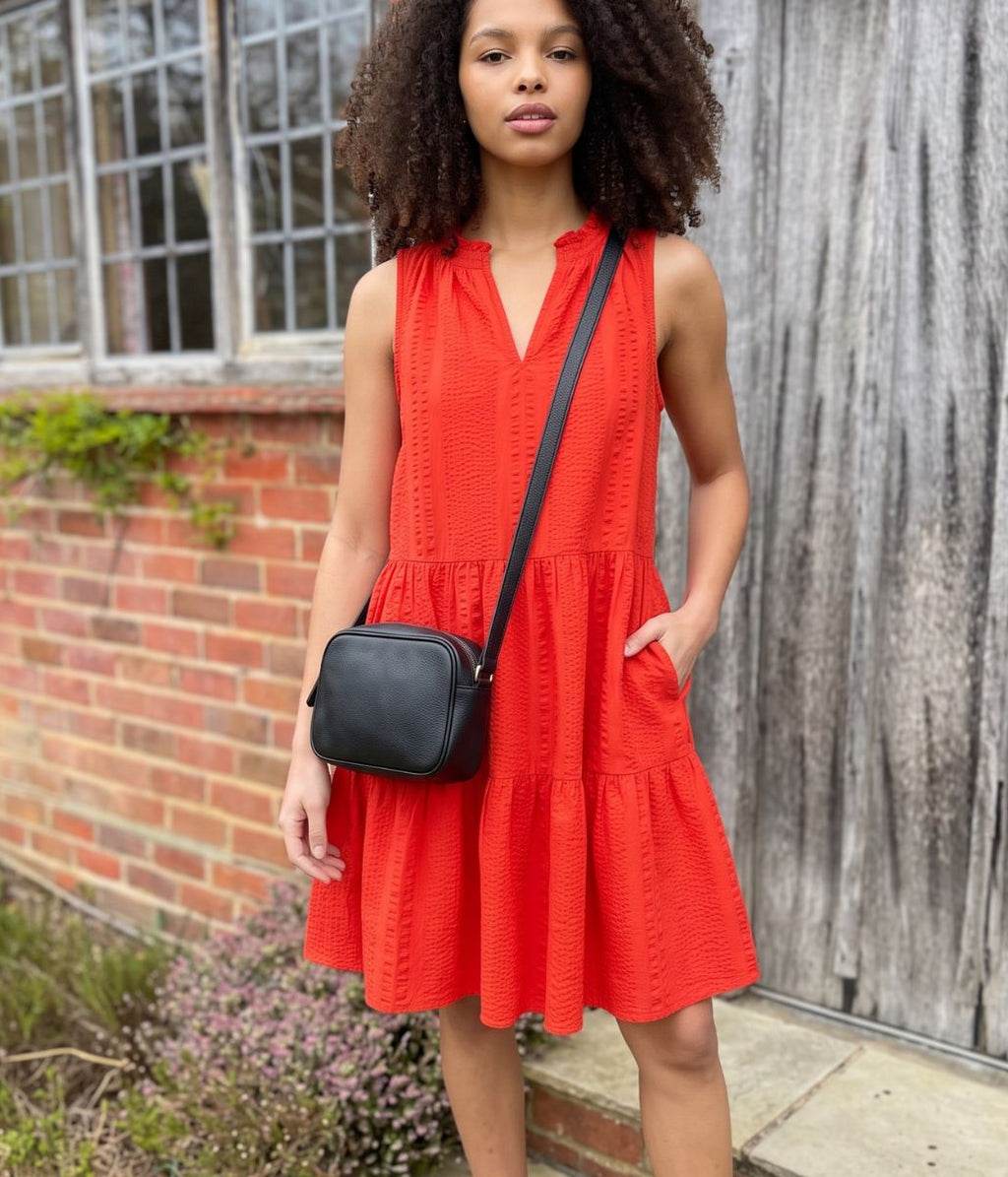 Red Seersucker Cotton Tiered Dress