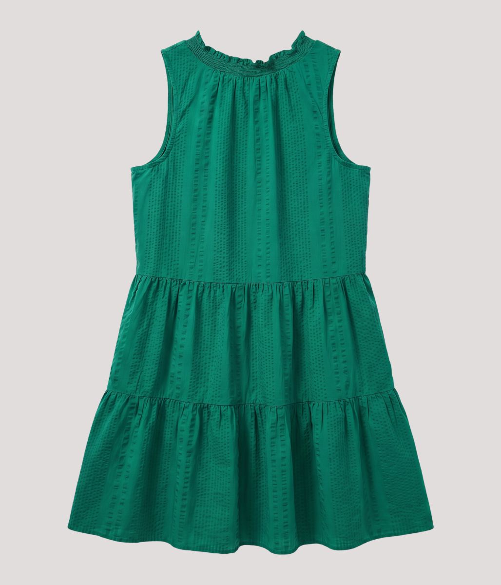 Green Seersucker Cotton Tiered Dress