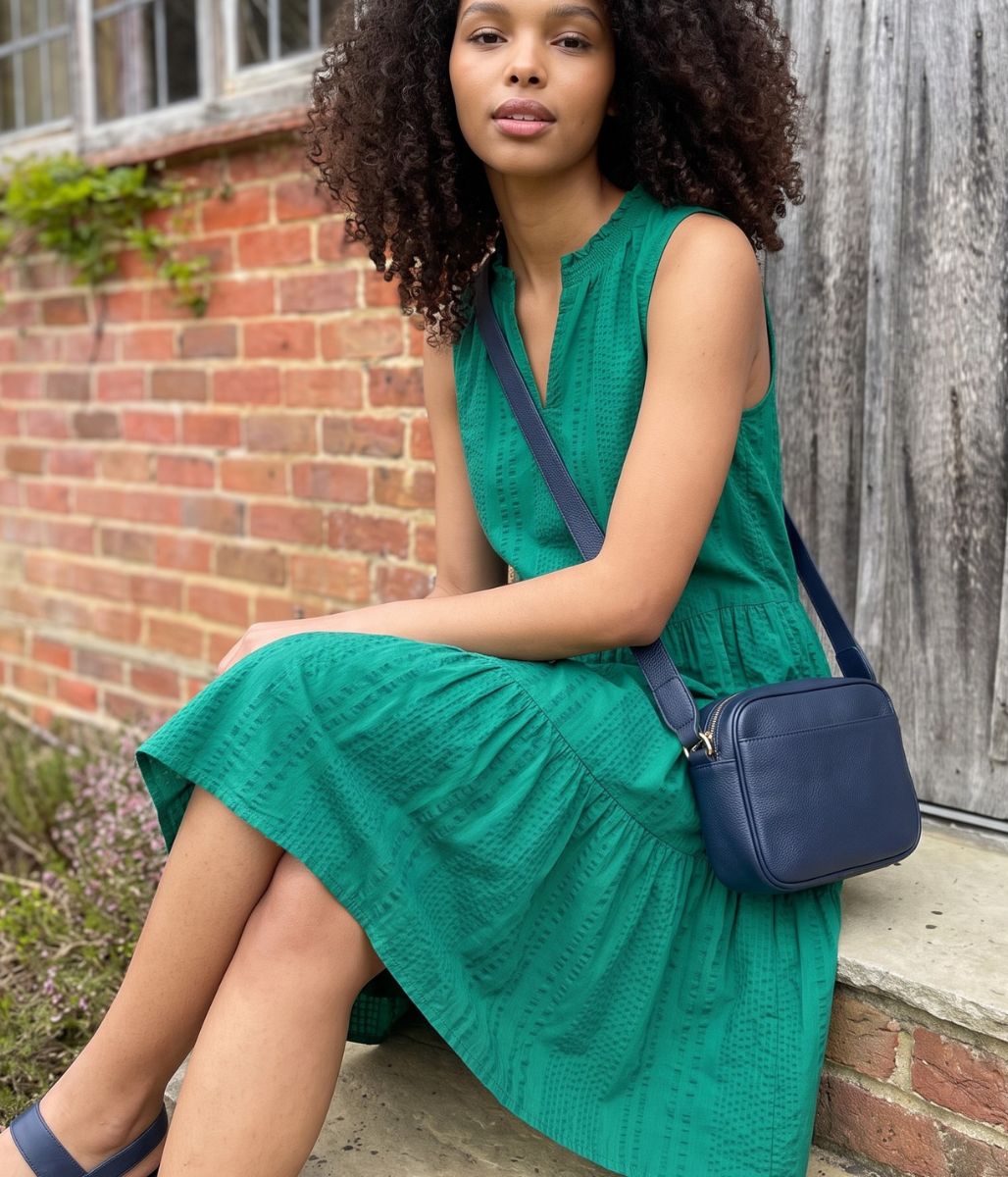 Green Seersucker Cotton Tiered Dress