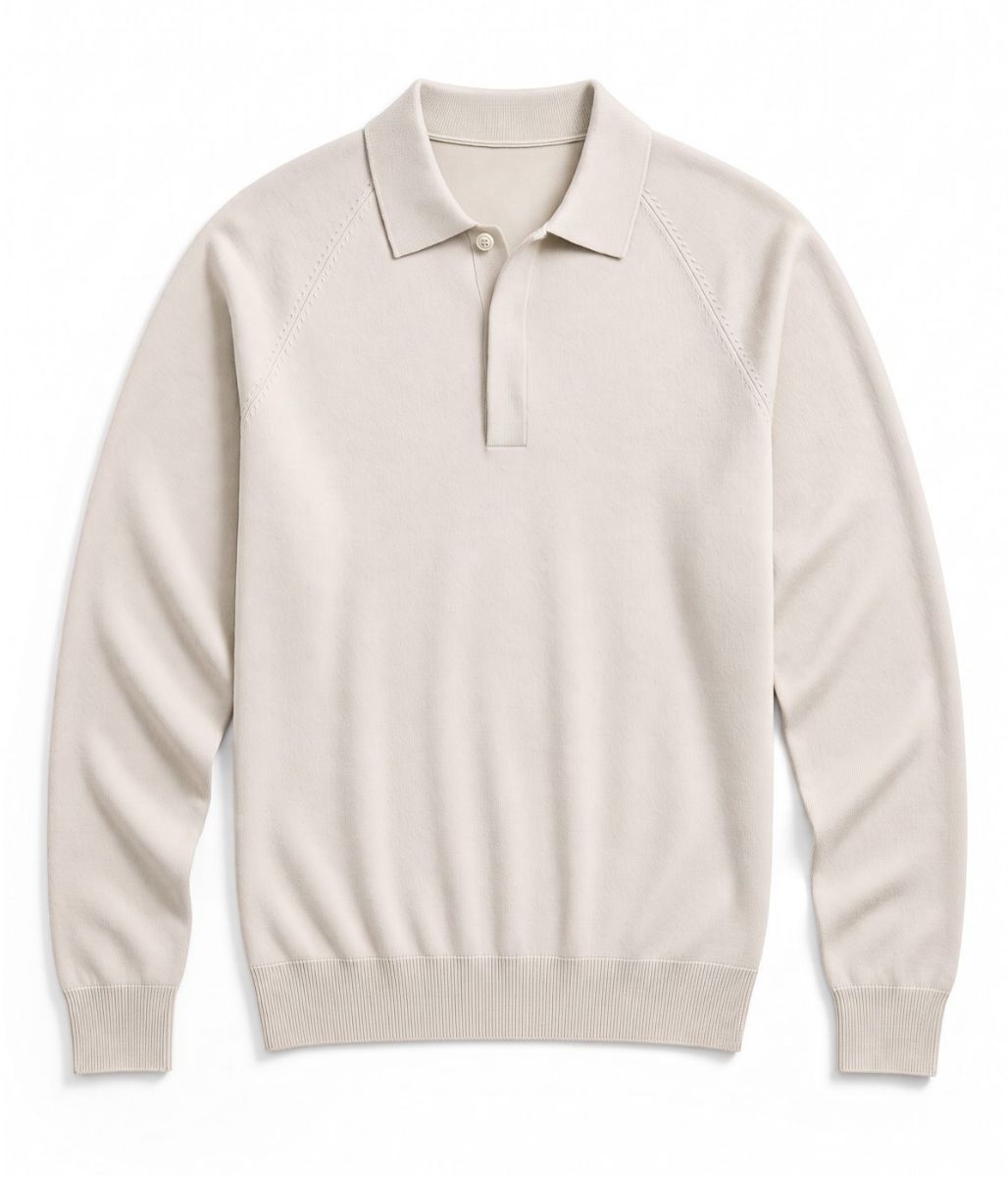 Mens Ecru Cotton Rich Concealed Button Knitted Polo Top