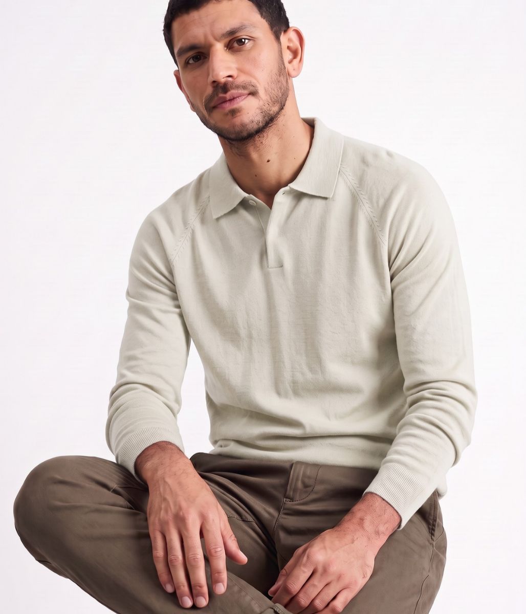 Mens Ecru Cotton Rich Concealed Button Knitted Polo Top