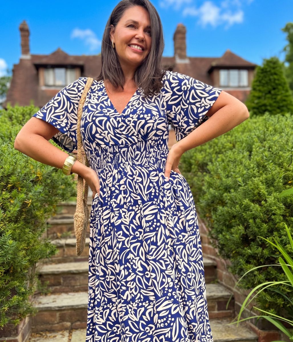 Navy Paloma Shirred Waist Midi Dress