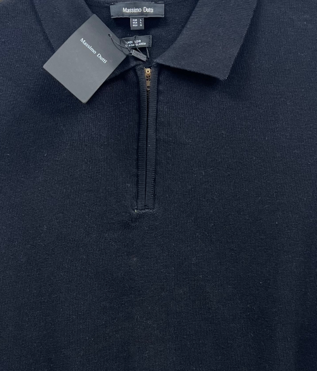 Mens Black Linen Blend Zip Polo Top - Imperfect