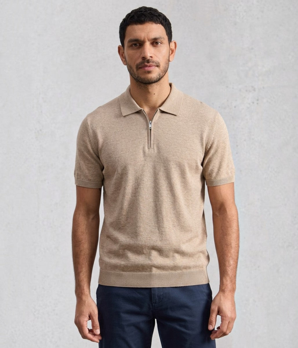 Mens Beige Linen Blend Zip Polo Top - Imperfect