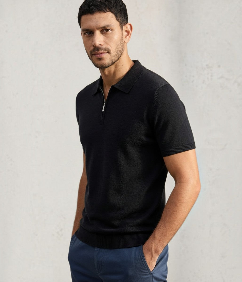 Mens Black Linen Blend Zip Polo Top - Imperfect