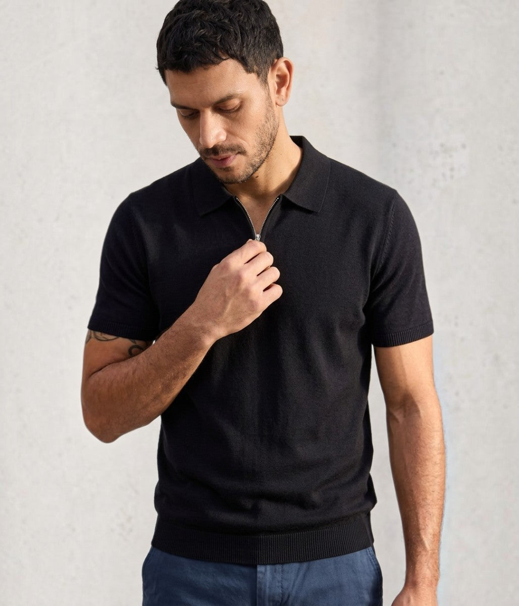 Mens Black Linen Blend Zip Polo Top - Imperfect