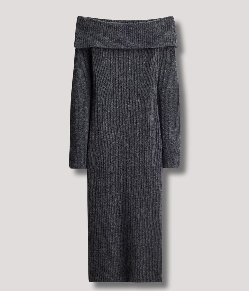 Grey Off Shoulder Knitted Dress