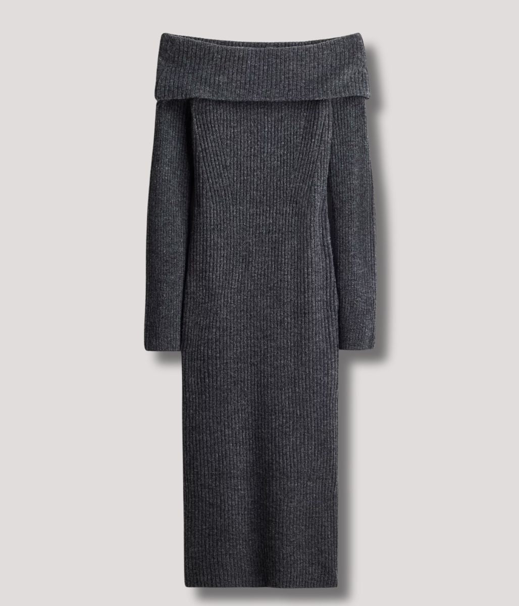 Grey Off Shoulder Knitted Dress