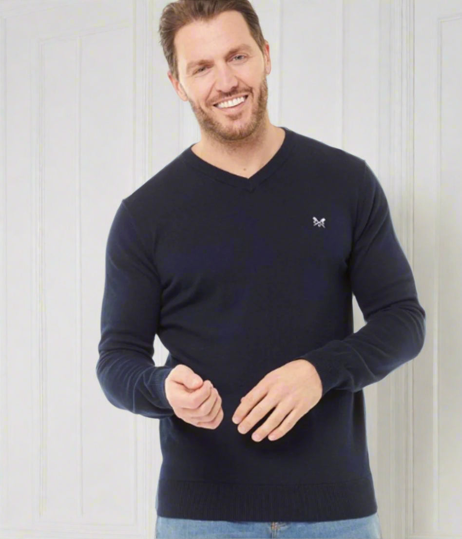 Navy Mens V Neck Logo Jumper