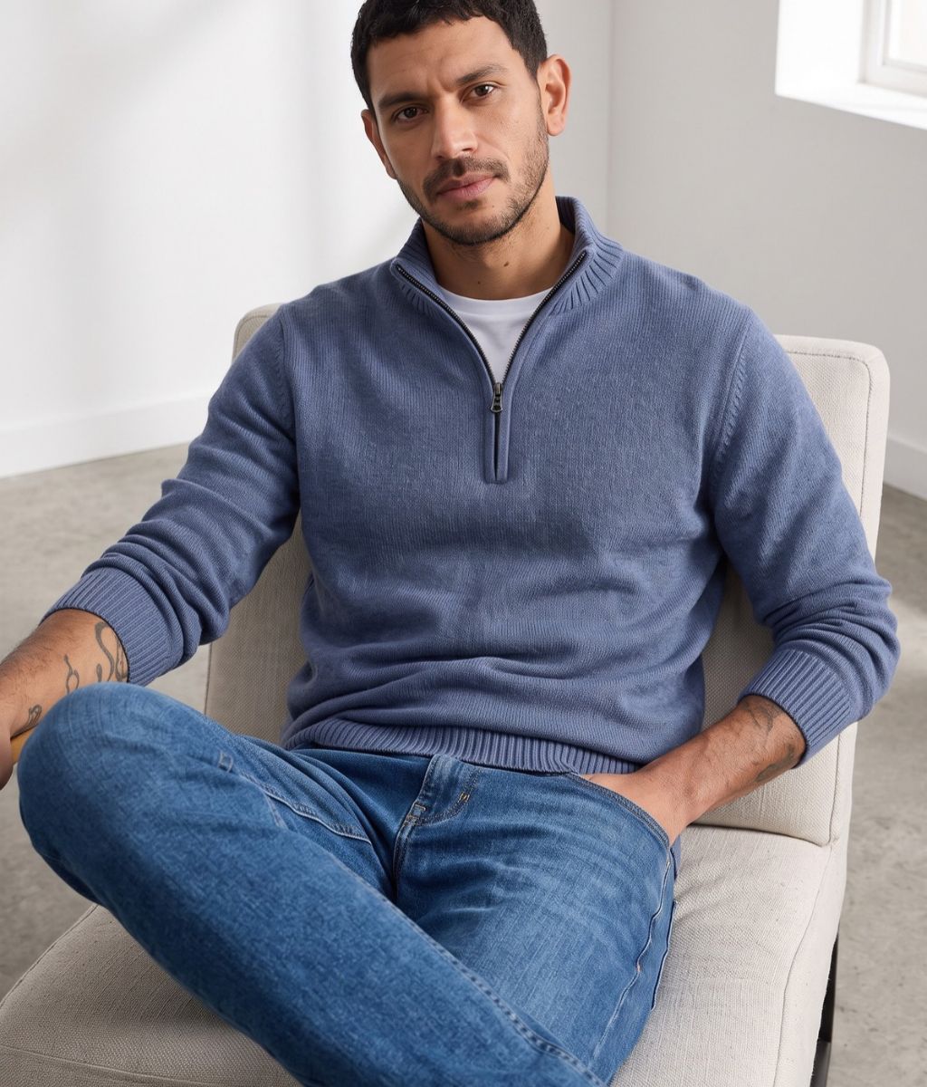 Mens Blue Lambswool 1/4 Zip Jumper