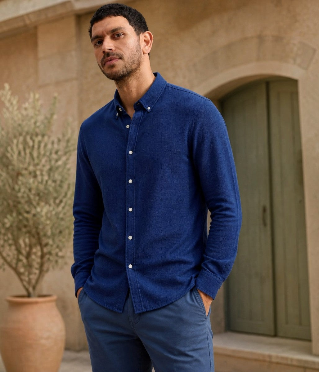Mens Indigo Blue Cotton Pique Shirt